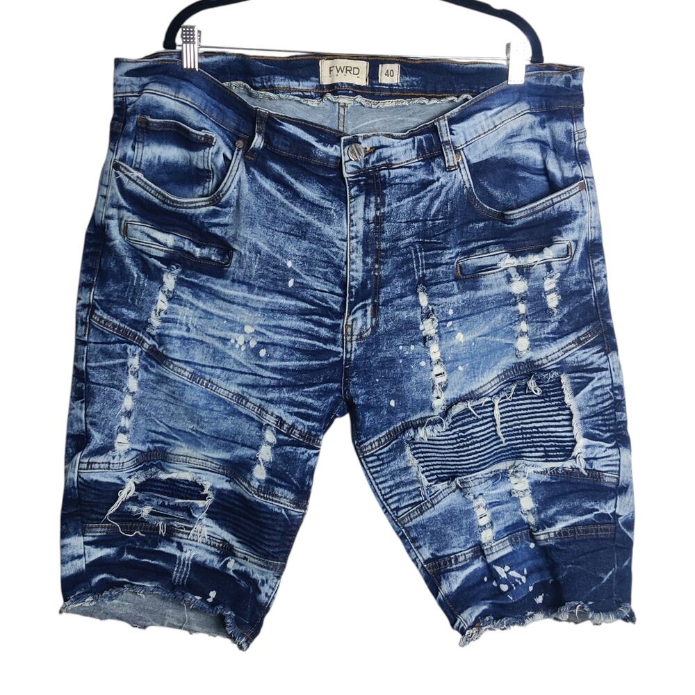 Fwrd Denim Motocross Acid Wash Denim Shorts 40 Distressed Thrashed Moto Y2K